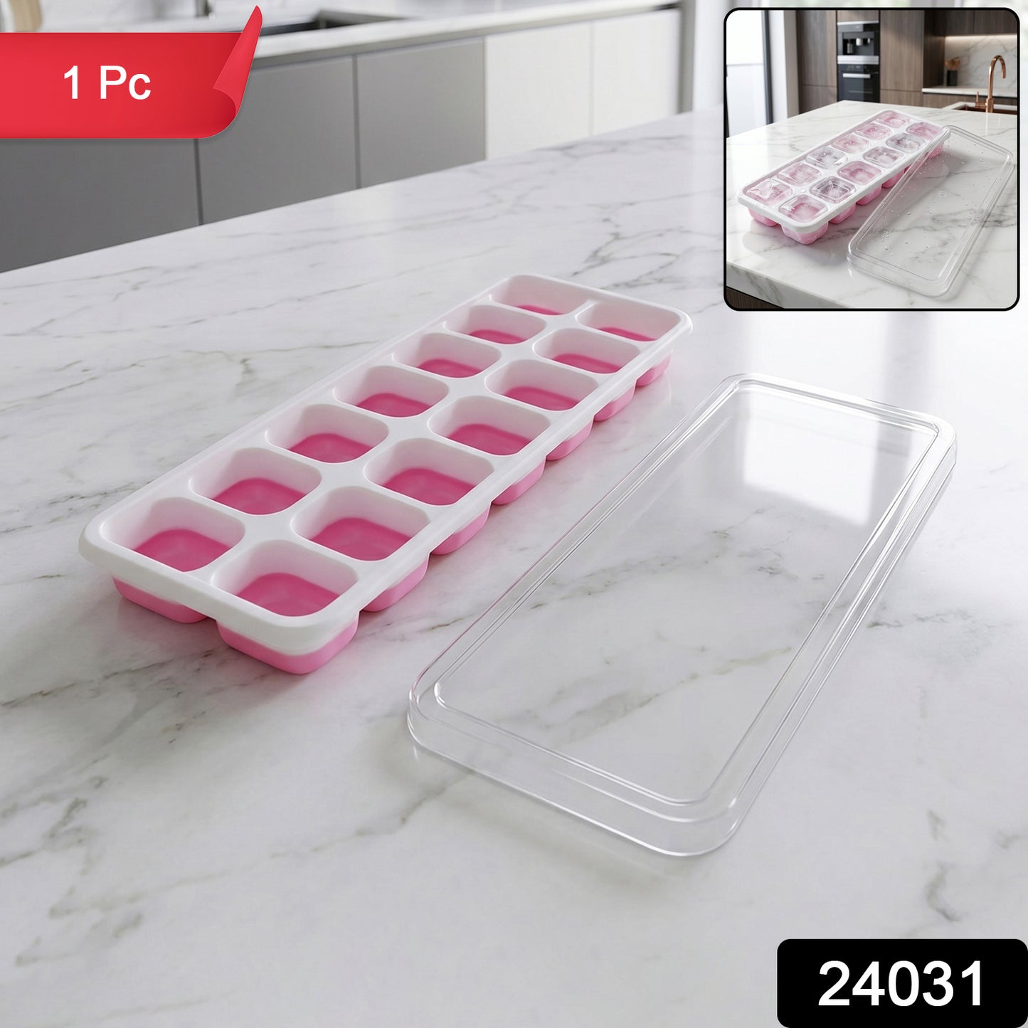 Pink Wukusy plastic ice cube tray with lid, 14-grid, showing filled silicone mold for making ice cubes.