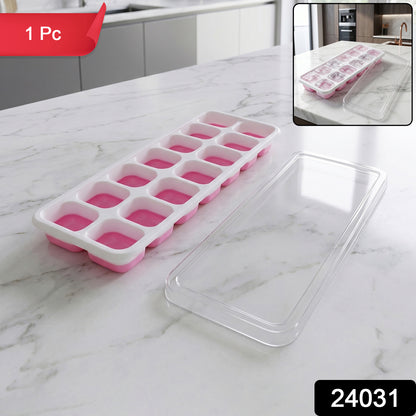 Pink Wukusy plastic ice cube tray with lid, 14-grid, showing filled silicone mold for making ice cubes.