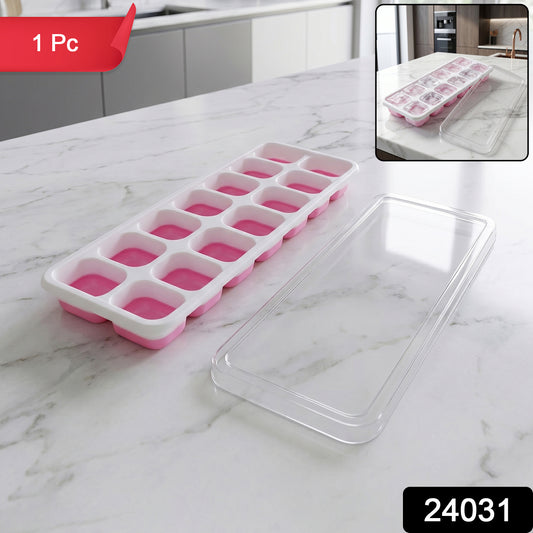 Pink Wukusy plastic ice cube tray with lid, 14-grid, showing filled silicone mold for making ice cubes.