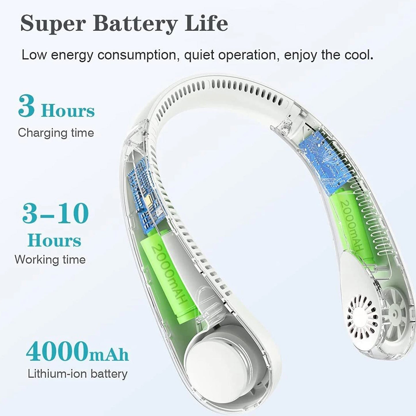 Portable rechargeable Wukusy neck fan in white, showing the compact design and adjustable straps for hands-free cooling.
