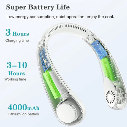 Portable rechargeable Wukusy neck fan in white, showing the compact design and adjustable straps for hands-free cooling.