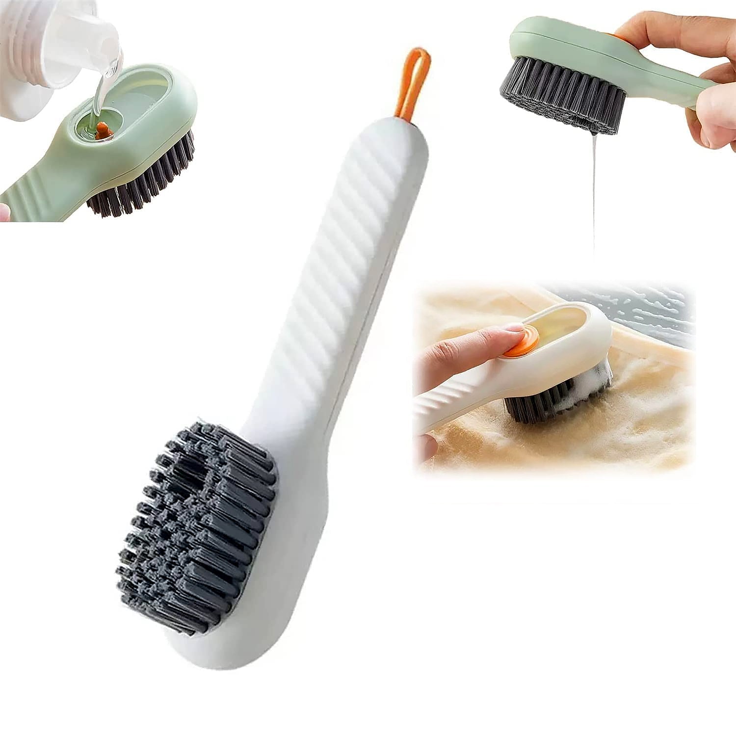 Wukusy multifunctional scrubbing brush with liquid soap dispenser and handle, suitable for cleaning shoes, clothes, and household surfaces.