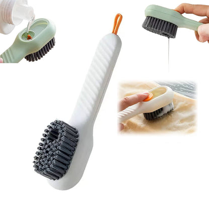 Wukusy multifunctional scrubbing brush with liquid soap dispenser and handle, suitable for cleaning shoes, clothes, and household surfaces.