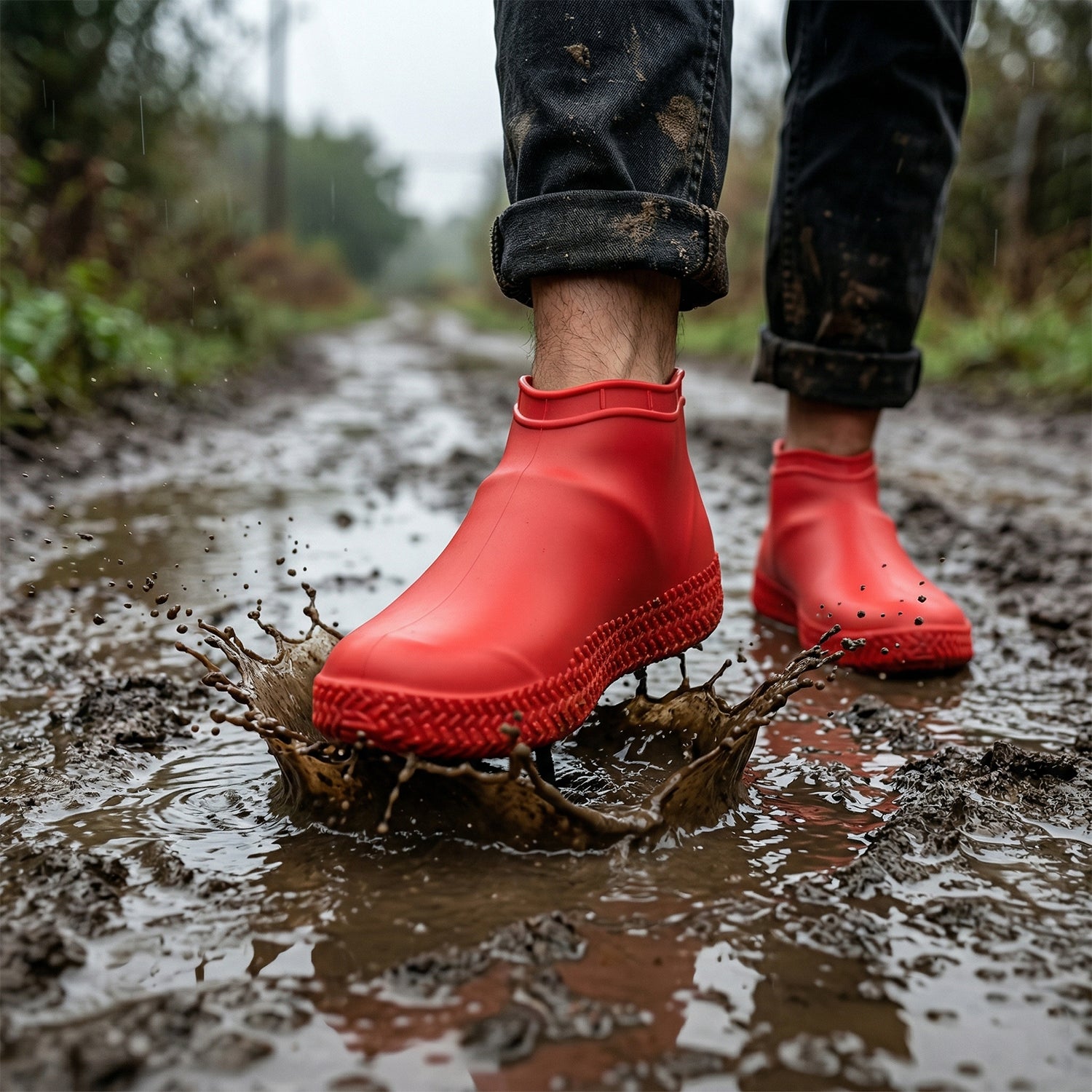 Red waterproof silicone shoe covers by Wukusy, pair in medium size, showing flexible, durable material for rain protection.