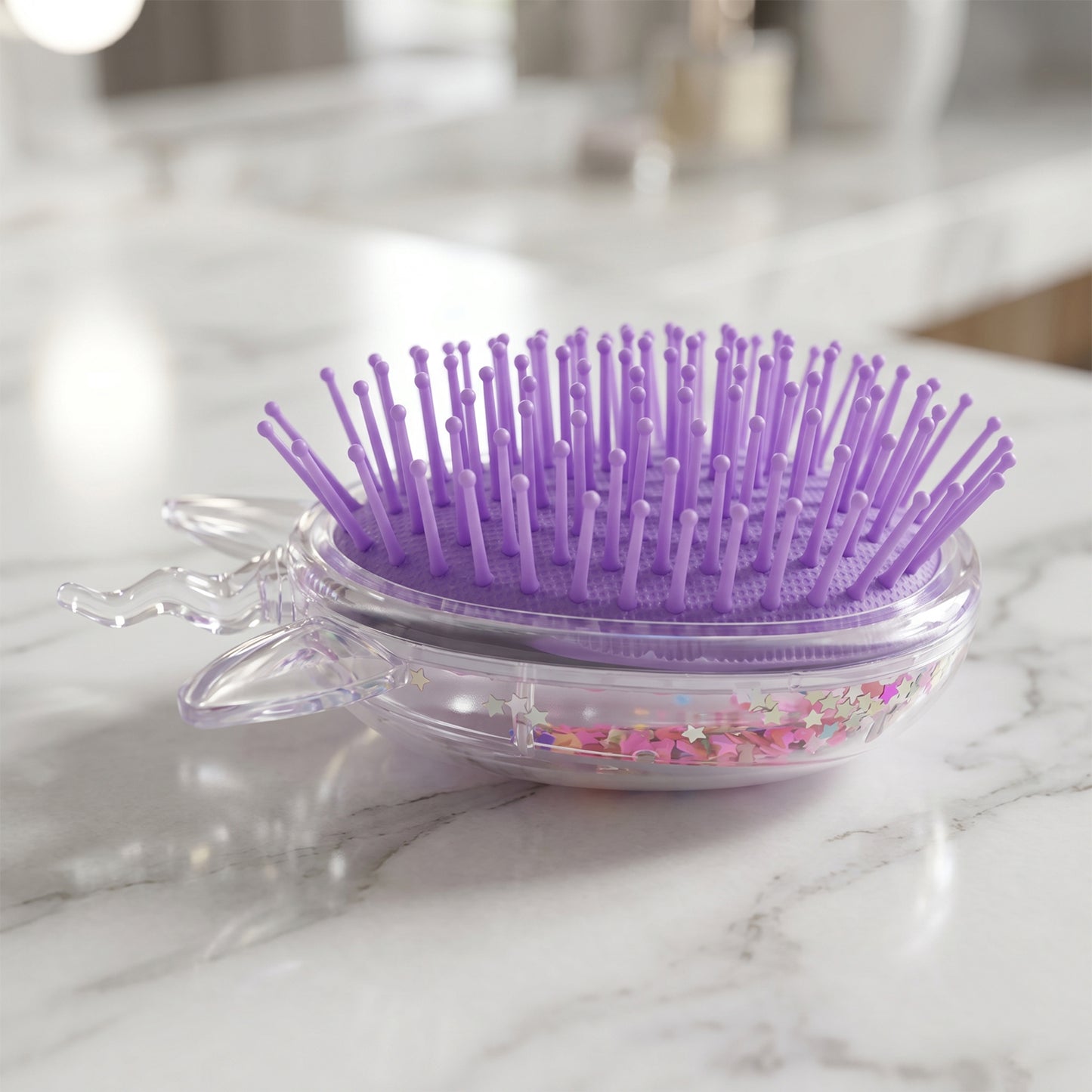 Wukusy cute unicorn-themed magic floating glitter hair comb with colorful glitter and intricate unicorn design, perfect for kids' hairstyles.