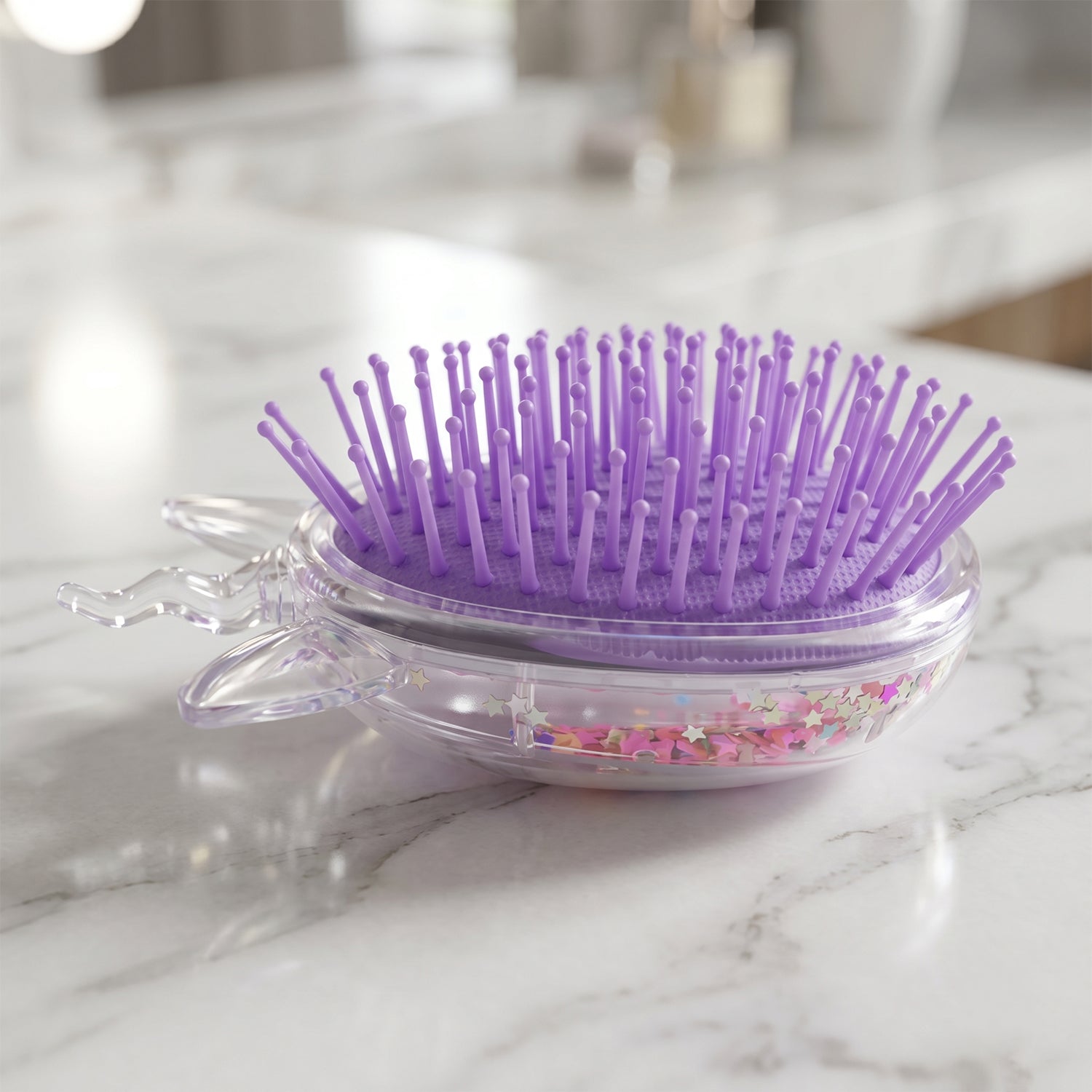 Wukusy cute unicorn-themed magic floating glitter hair comb with colorful glitter and intricate unicorn design, perfect for kids' hairstyles.