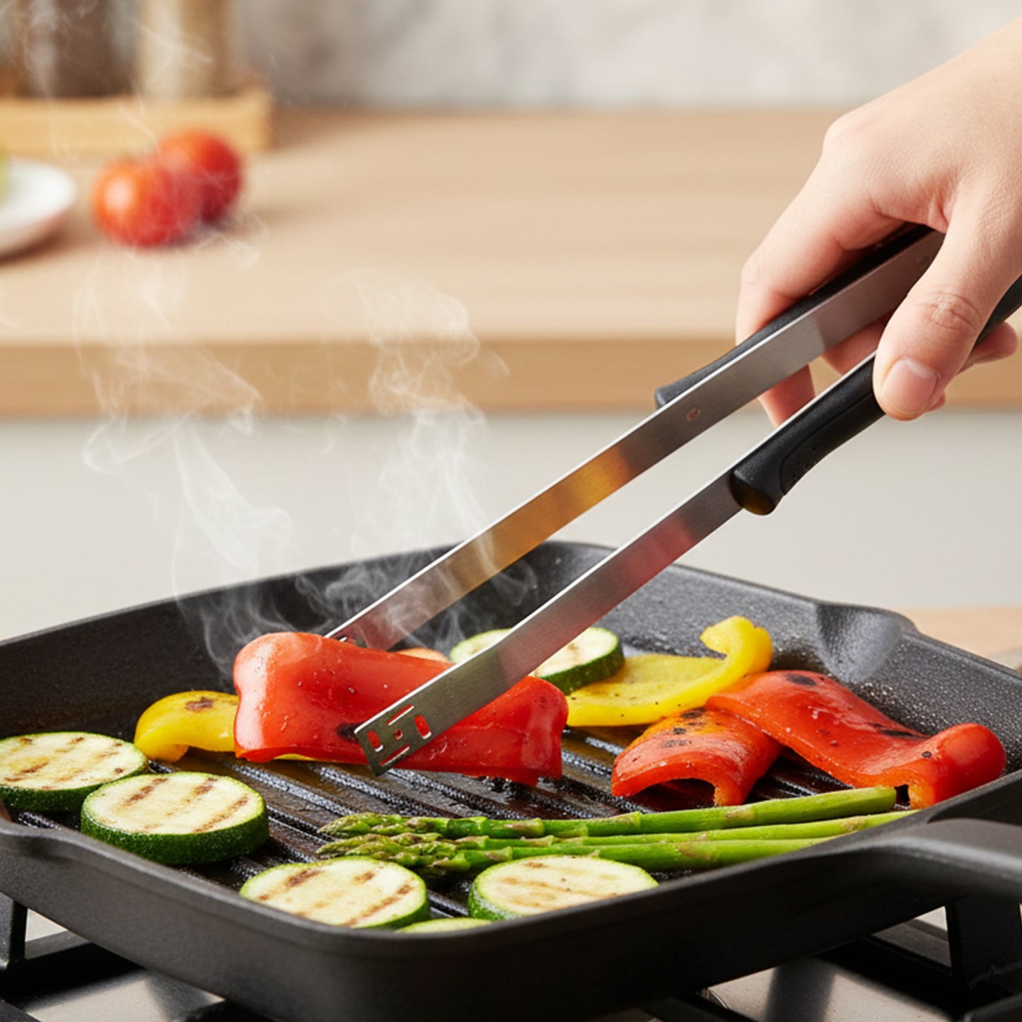 Premium stainless steel chimta from Wukusy, showing a close-up of the durable, shiny metal construction with a comfortable handle.
