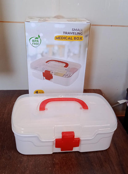 Wukusy 12980 3-compartment medical box with transparent lid, handle, and removable tray for indoor outdoor medical and first aid storage