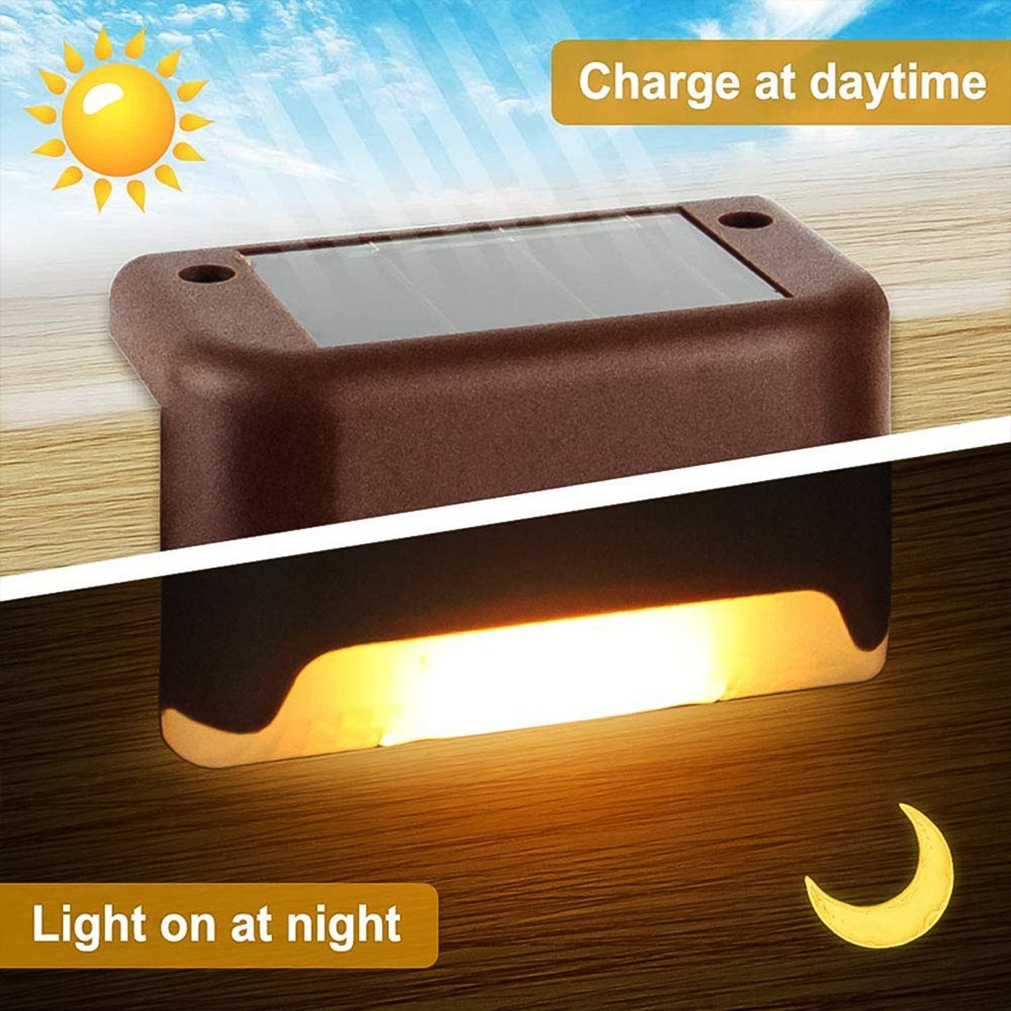 Wukusy 9412 waterproof solar garden decorative lights set with four durable step and railing lights for outdoor patio and pathway illumination.