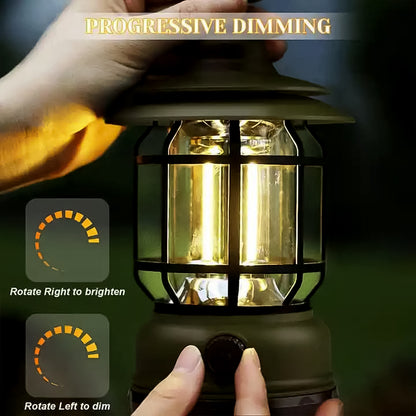 Wukusy LED camping light in retro style, rechargeable battery, portable travel lantern with Type-C charging port.