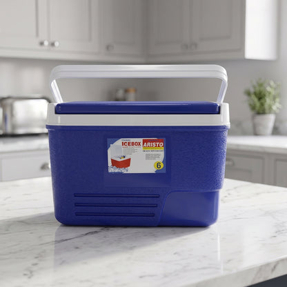 Blue Wukusy 6L portable insulated ice cooler box with carry handle for keeping drinks cold on the go.