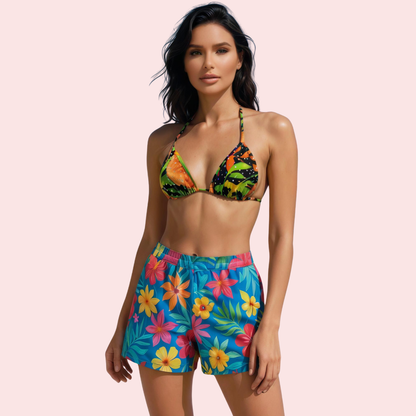 Snazzyway rainforest floral print triangle bikini top with adjustable straps and vibrant tropical design.