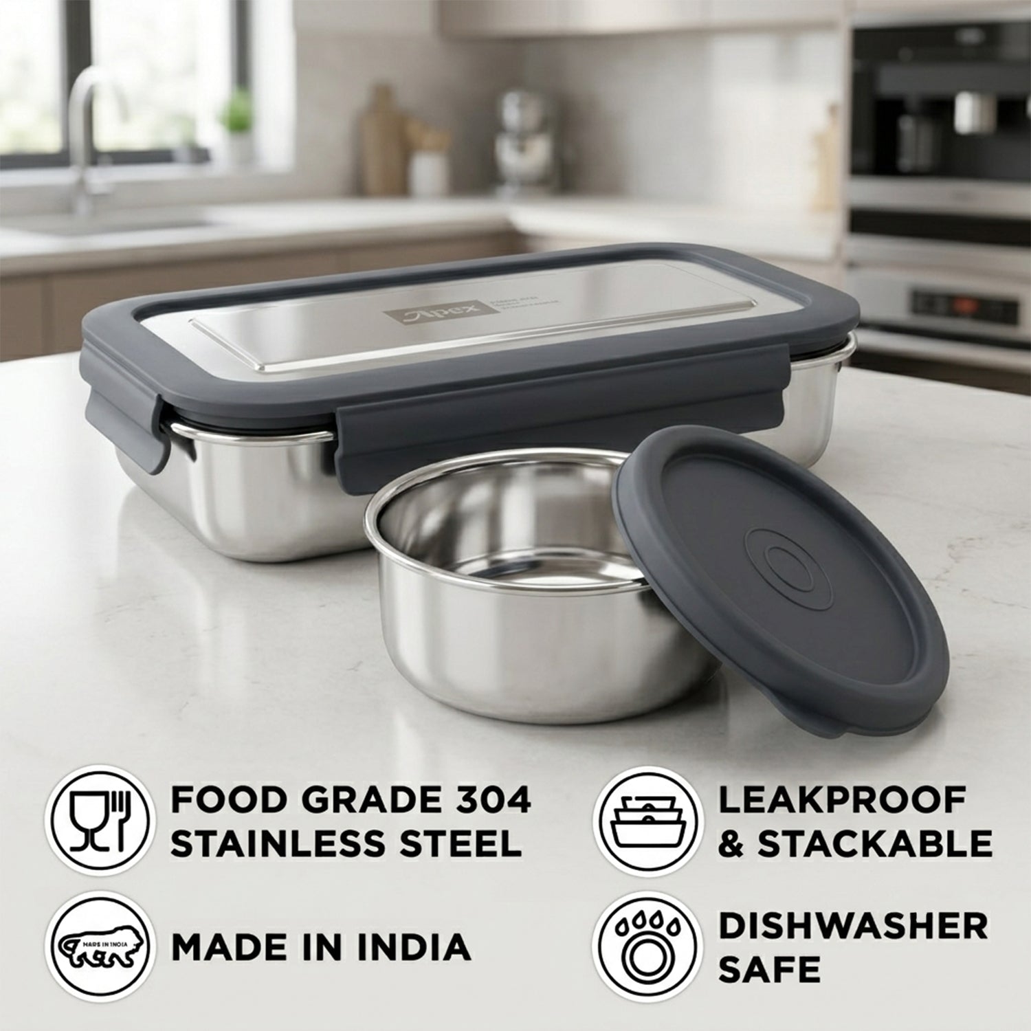 Apex Flexi Stainless Steel Lunch Box Set With Container And Bowl (2 Pc)