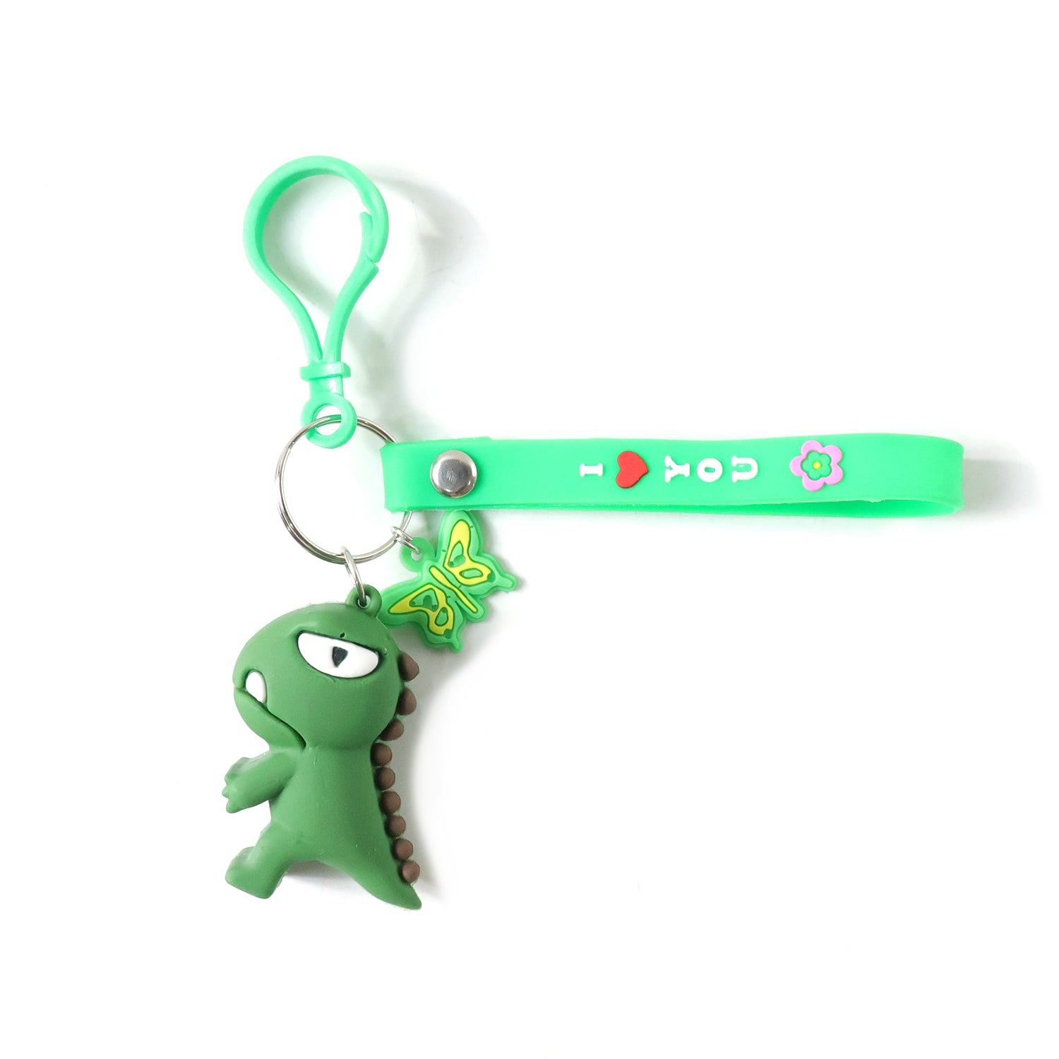 Cute dinosaur cartoon keychain with silicone strap from Wukusy, featuring a colorful, playful dinosaur design on a durable keyring.