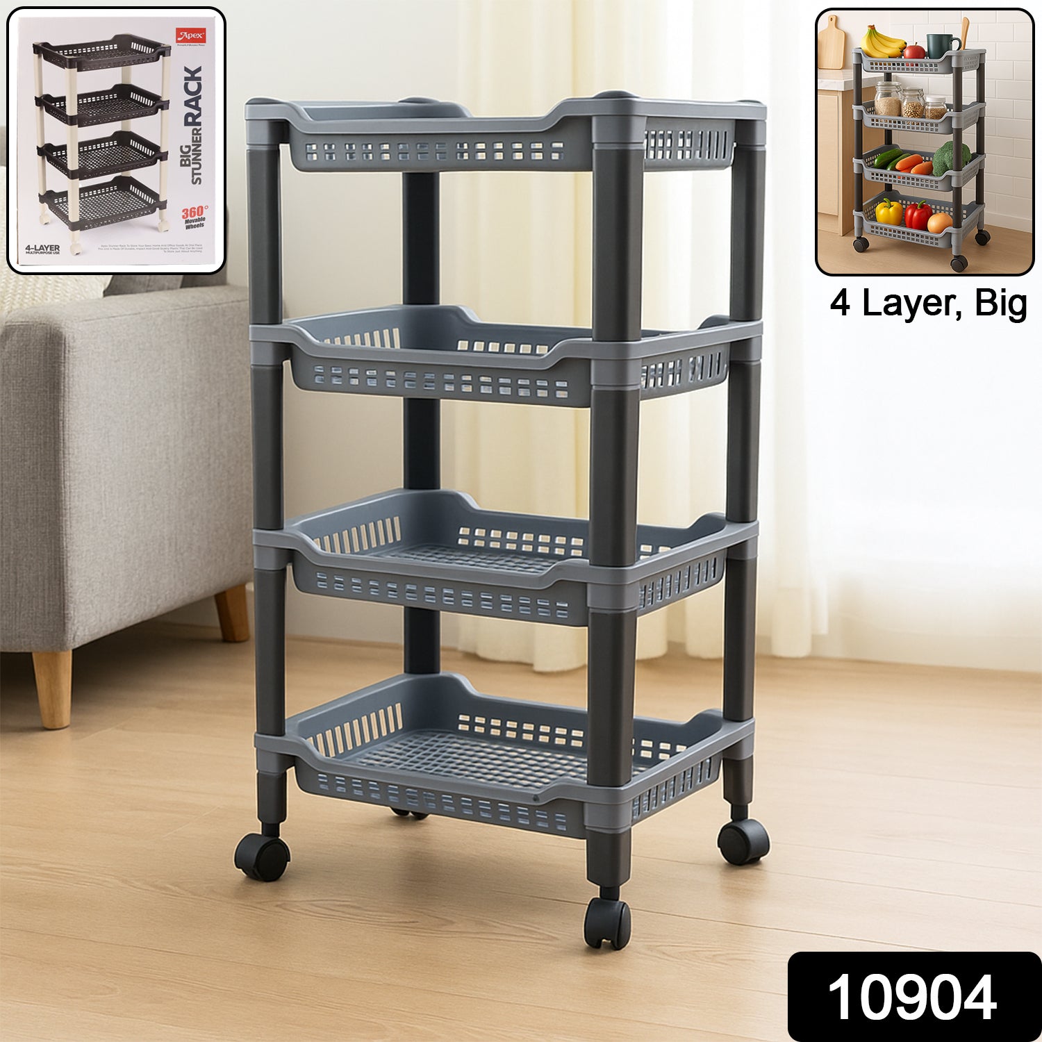 Wukusy Apex 4-layer plastic storage rack with multiple shelves, ideal for organizing home and kitchen supplies.