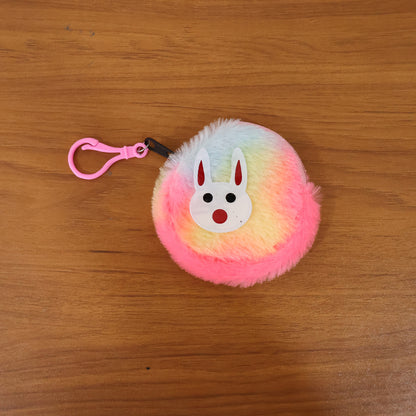 Wukusy cute bunny design rainbow fur mini coin purse keychain with adorable bunny face and colorful rainbow fur.