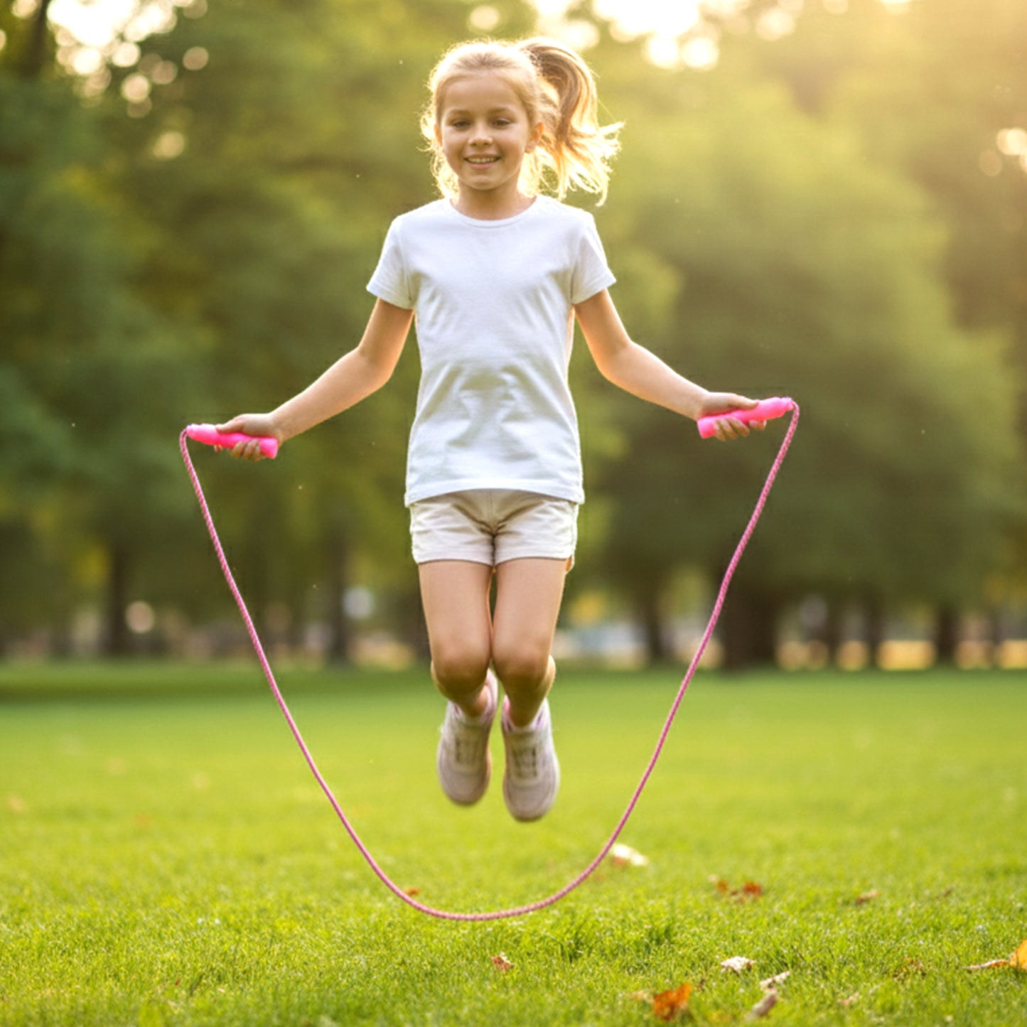 Wukusy kids and adults fitness skipping rope with plastic handles and nylon cord for cardio workouts and skipping exercises.