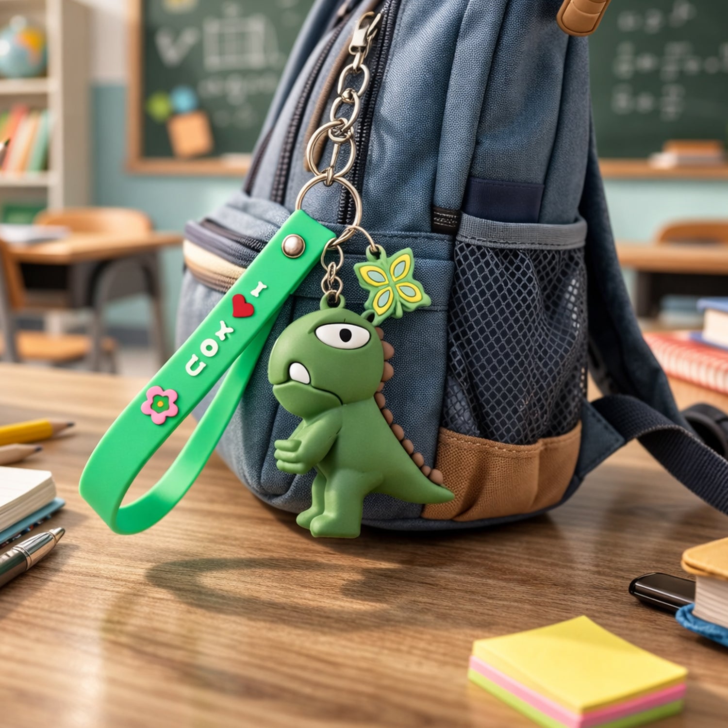 Cute dinosaur cartoon keychain with silicone strap by Wukusy, featuring a colorful, playful dinosaur figure attached to a keyring.