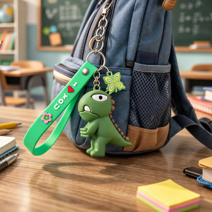 Cute dinosaur cartoon keychain with silicone strap by Wukusy, featuring a colorful, playful dinosaur figure attached to a keyring.