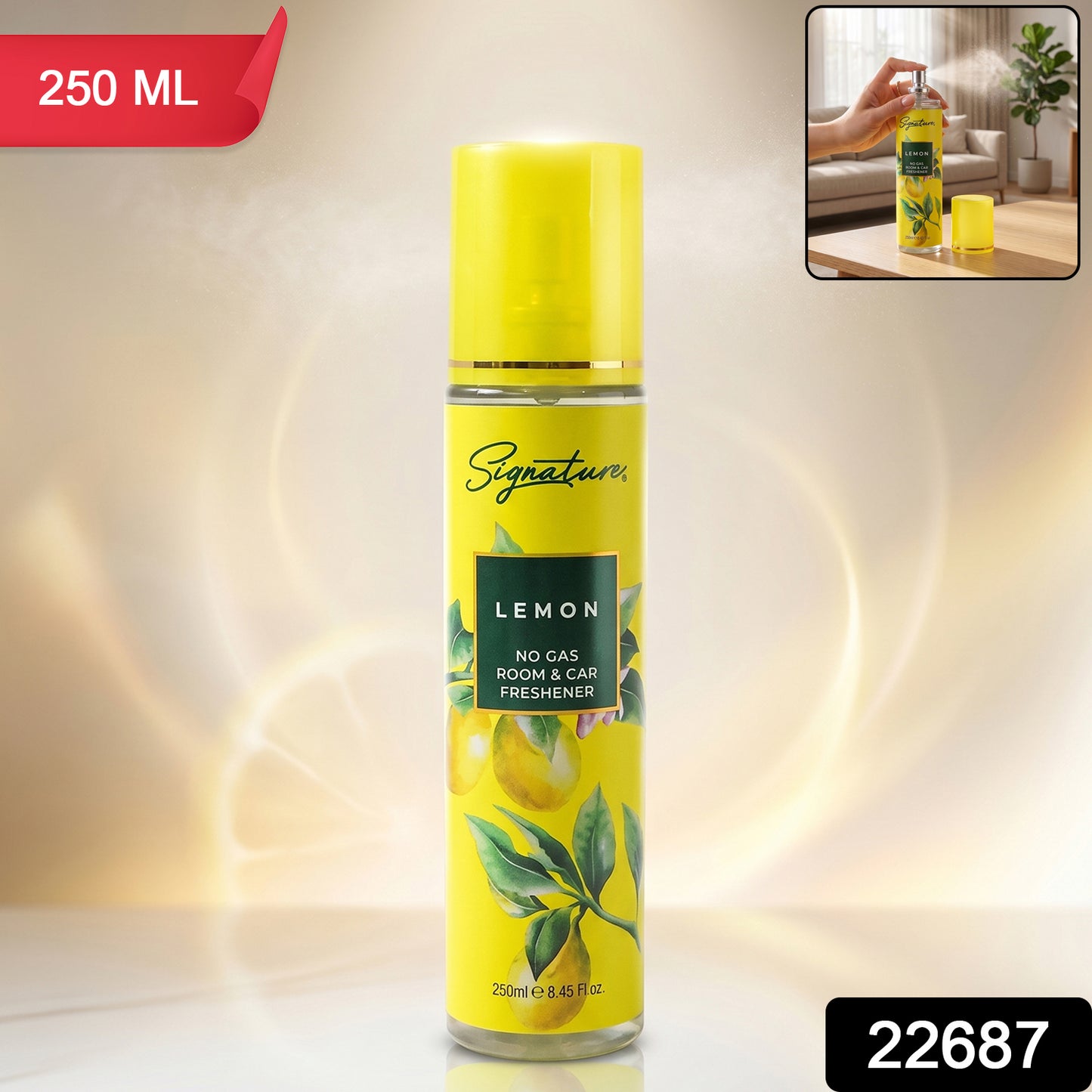 Wukusy Signature Lemon Room Car Freshener Spray, 250ml, with a sleek spray bottle and lemon scent label in a car setting.