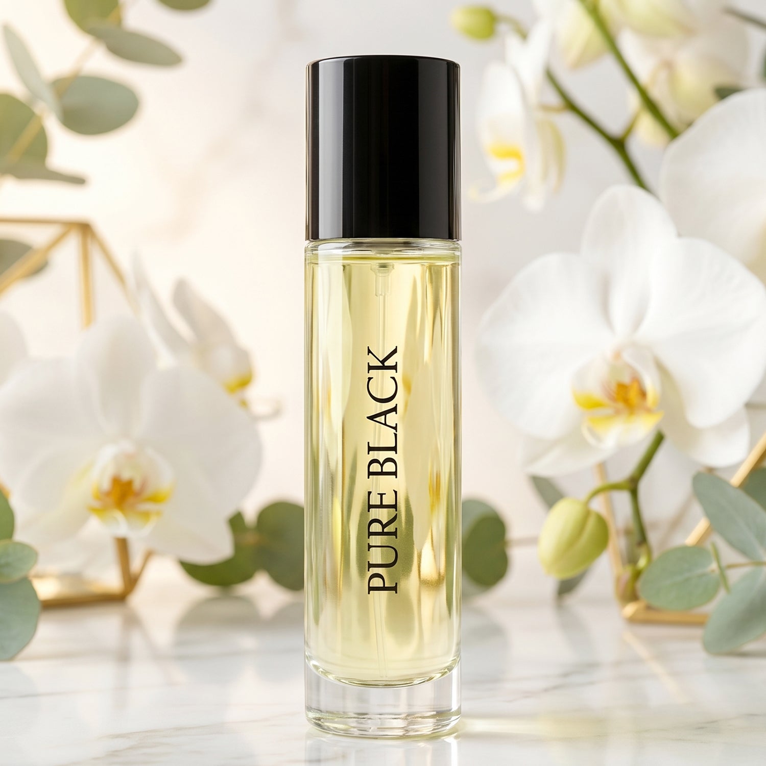 Wukusy Pure Black Eau De Parfum spray bottle, 30ml, sleek black packaging, elegant and sophisticated fragrance presentation.