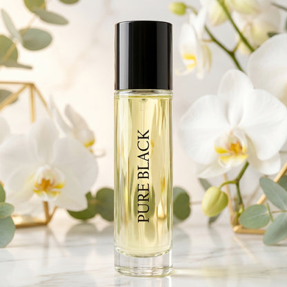 Wukusy Pure Black Eau De Parfum spray bottle, 30ml, sleek black packaging, elegant and sophisticated fragrance presentation.
