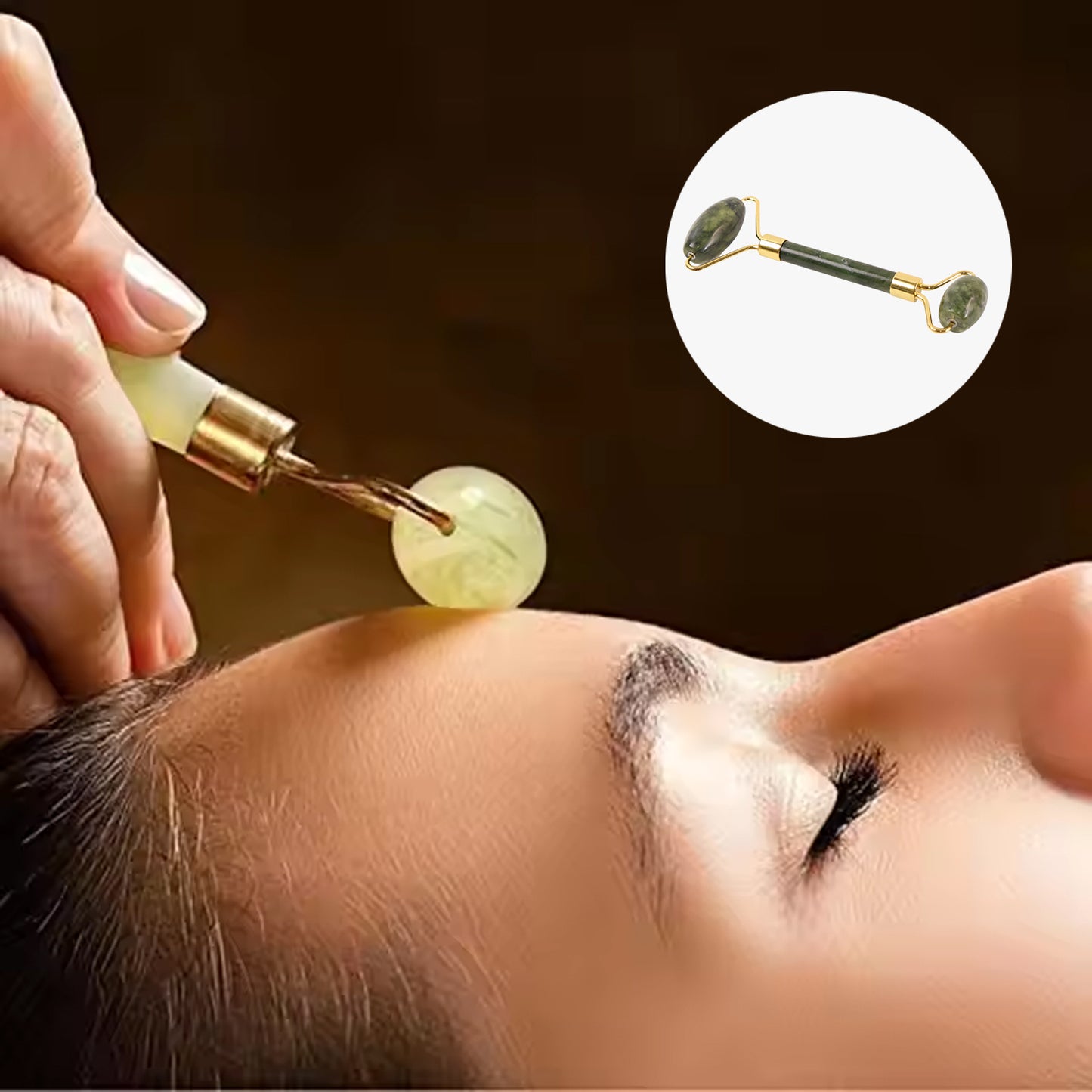 Wukusy dual-headed jade facial massage roller with two roller heads for soothing skincare, shown in close-up.