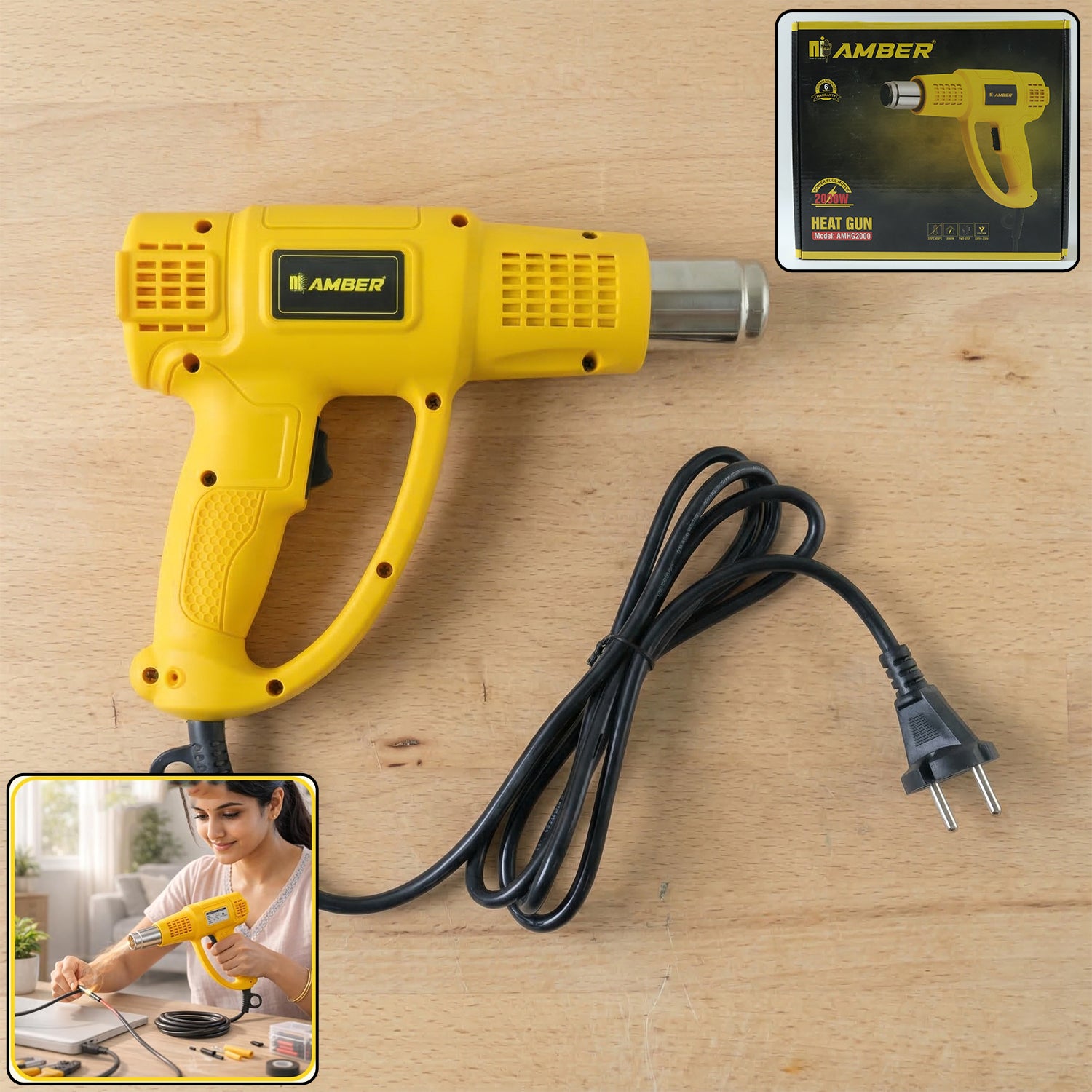 Wukusy Amber Heat Gun AMHG2000, 2000W handheld tool with ergonomic grip, shown in use for heat shrinking or crafting tasks.