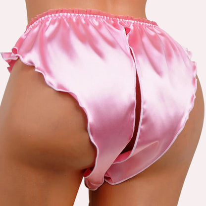 Vera Celeste silk satin crotchless French knicker by Snazzyway, featuring smooth satin fabric and delicate lace trim.