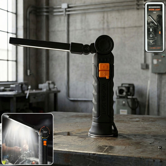 Wukusy rechargeable adjustable LED work light with large bright LED panel, portable and suitable for worksite illumination.