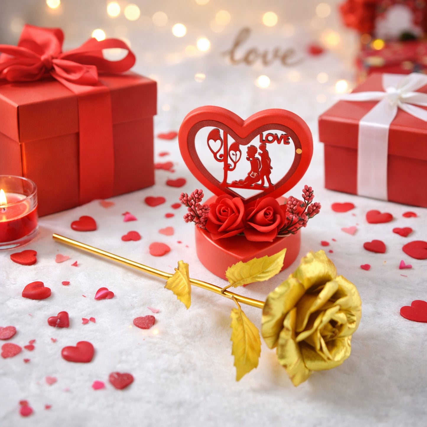 Heart love decorative showpiece with golden rose flower gift set, featuring two elegant Wukusy ornaments on a display surface.
