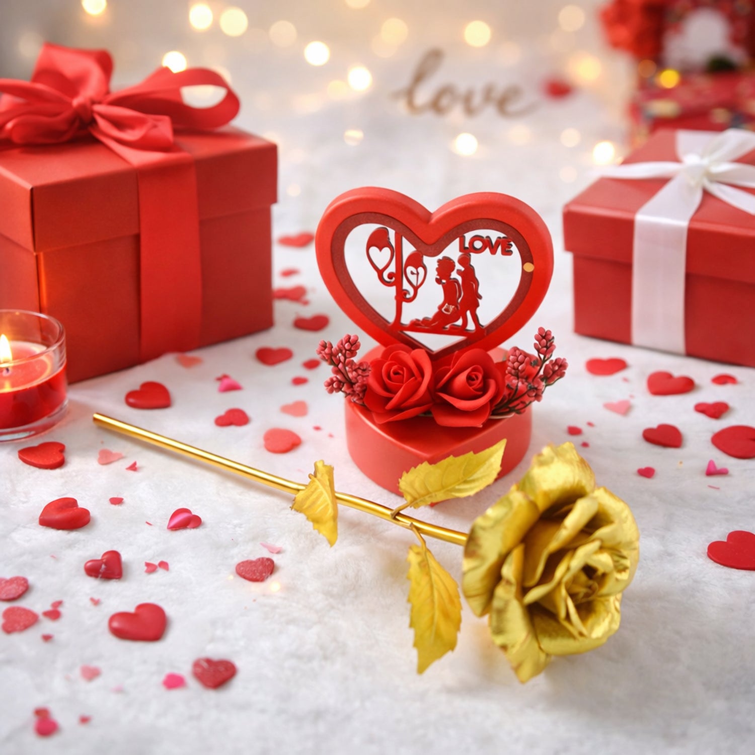 Heart love decorative showpiece with golden rose flower gift set, featuring two elegant Wukusy ornaments on a display surface.