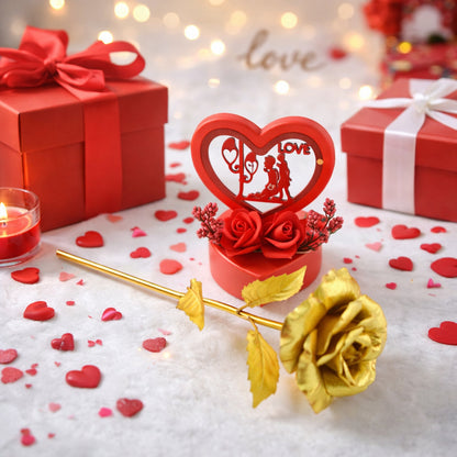 Heart love decorative showpiece with golden rose flower gift set, featuring two elegant Wukusy ornaments on a display surface.