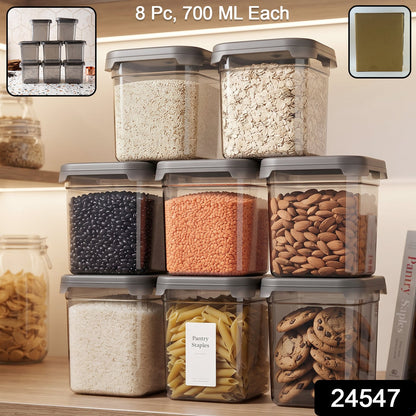 Set of 8 Wukusy plastic food storage containers with 700ml capacity, airtight pantry jars for kitchen organization.