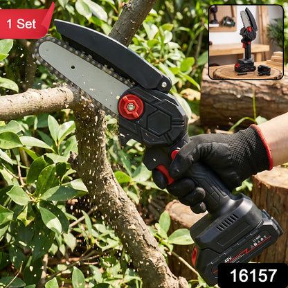 Wukusy mini electric cordless chainsaw with 48V battery, compact design, and wood cutting blade for home use.