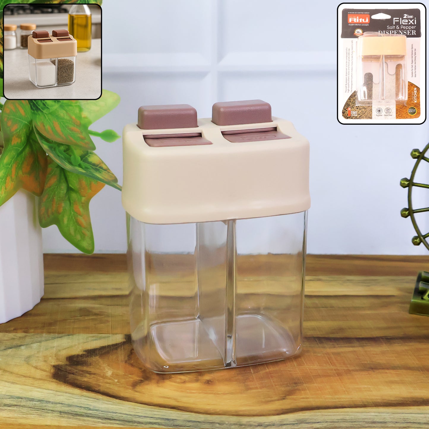 Wukusy Ritu Premium 2-in-1 salt and pepper dispenser for kitchen use, with dual compartments and sleek design.
