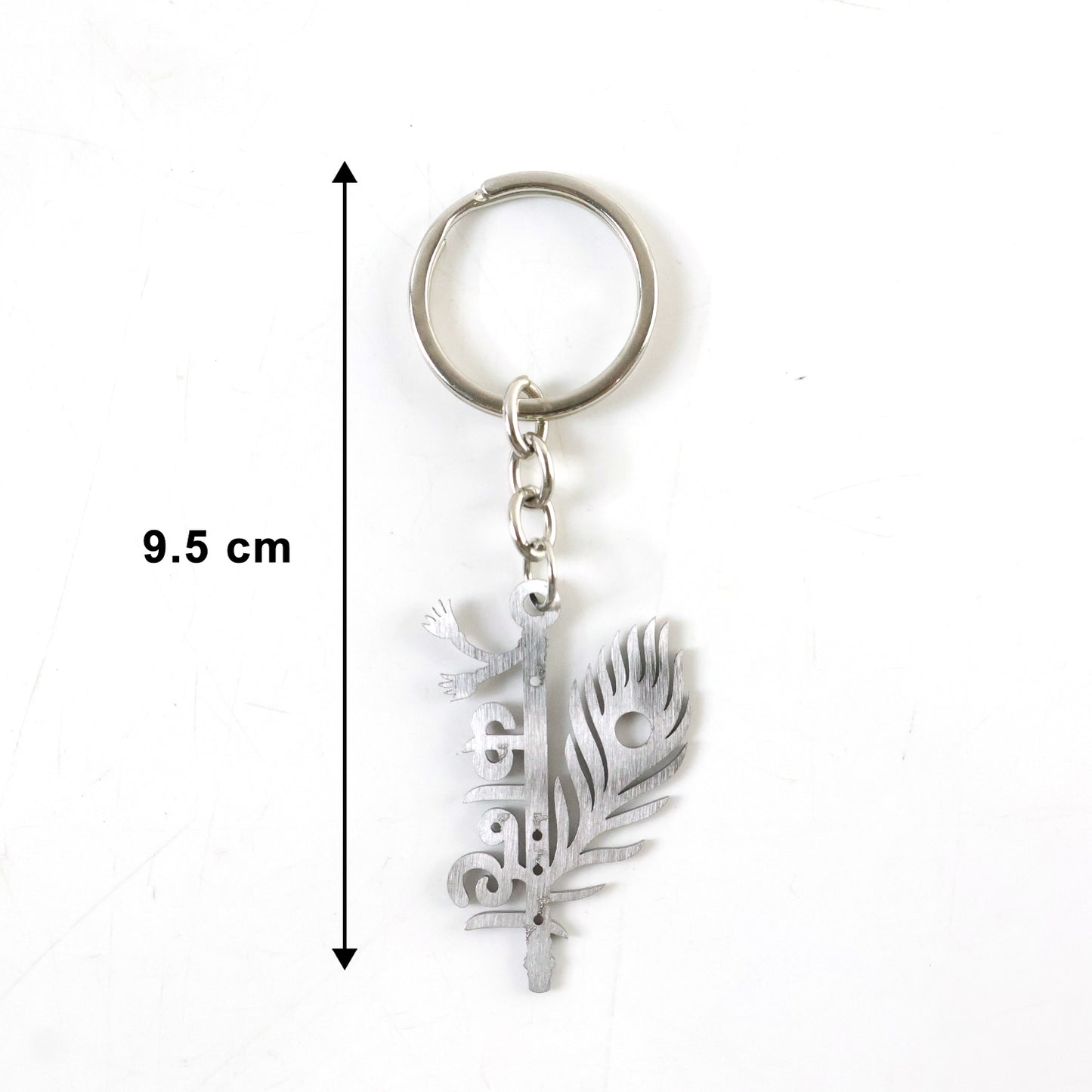 Silver metal Kanha keychain with intricate design, featuring the Wukusy brand logo and a sturdy keyring attachment.