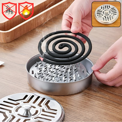 Stainless steel mosquito coil stand with smoke vent lid by Wukusy, designed to hold mosquito coils securely and improve airflow.
