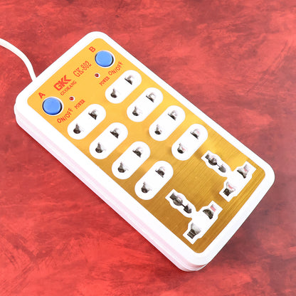 Wukusy 7422 220V 10-way office extension board with multiple power outlets and safety switches on a desk.