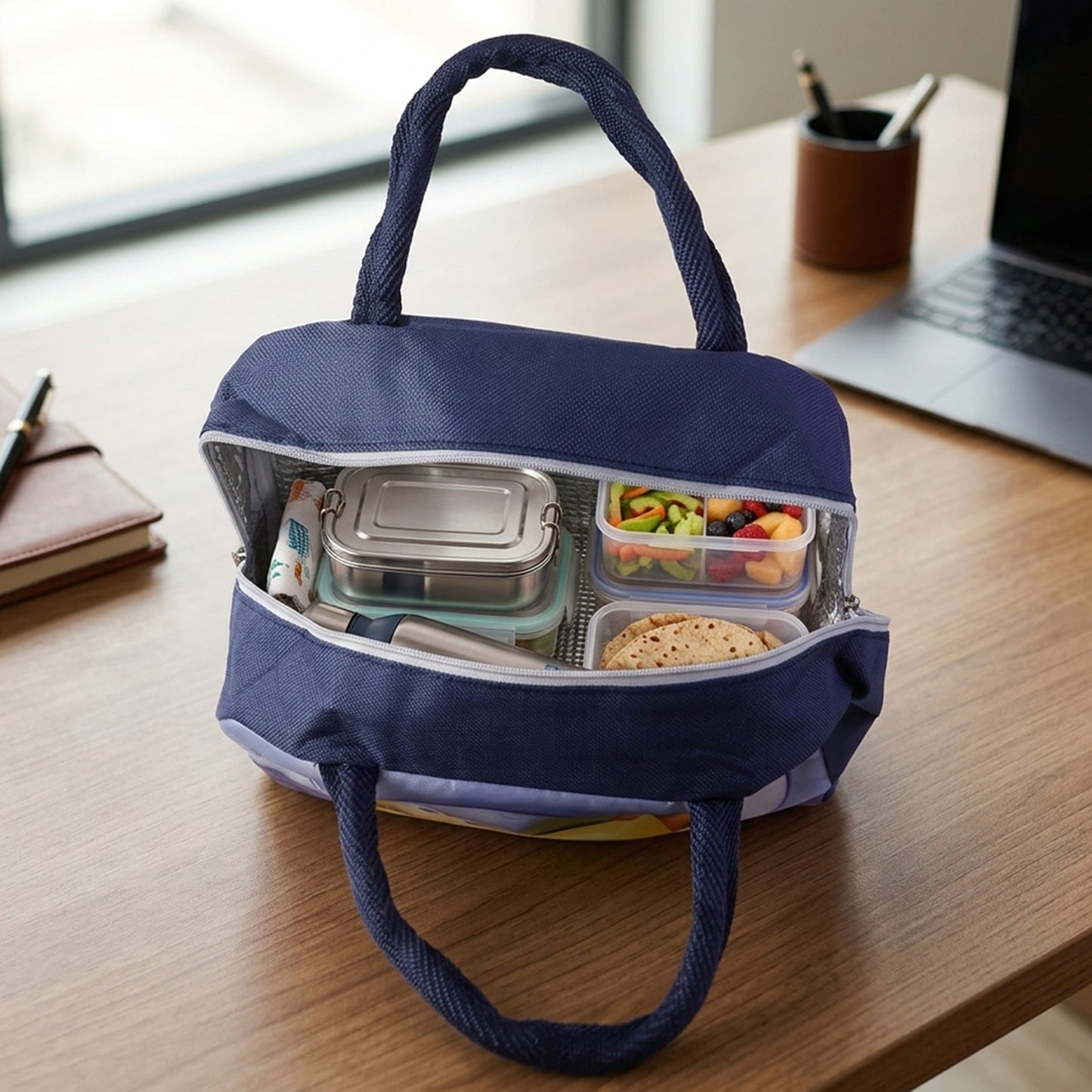 Wukusy insulated kids lunch bag with colorful design, suitable for school, picnic, and travel, featuring a spacious interior for food storage.