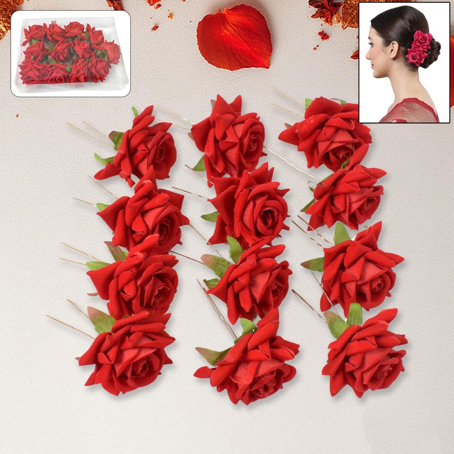 Set of 12 red rose bridal hair clip pins by Wukusy, featuring decorative rose designs for elegant wedding hairstyles.