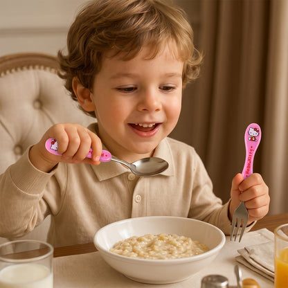 Wukusy 3-in-1 kids cutlery set with case including spoon, fork, and knife designed for children, placed in a compact carry case.