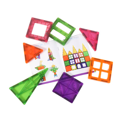 Colorful Wukusy Magnetic Building Tiles 32-piece set arranged in various geometric shapes for creative toy play.