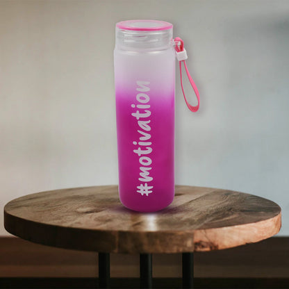 Colorful Wukusy motivational glass water bottle with rubber band, 350ml, designed for hydration during workouts and daily use.