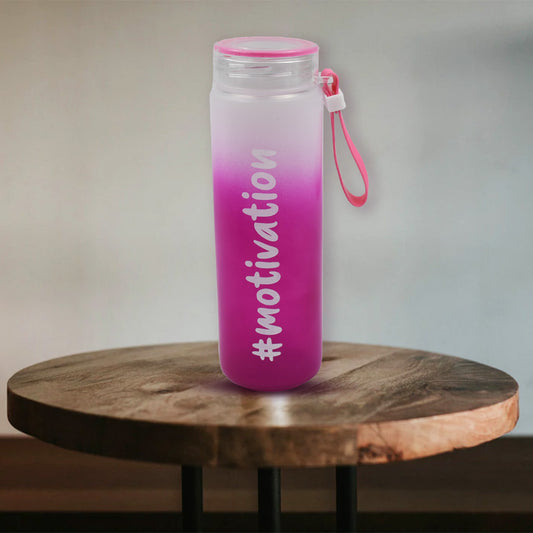 Colorful Wukusy motivational glass water bottle with rubber band, 350ml, designed for hydration during workouts and daily use.