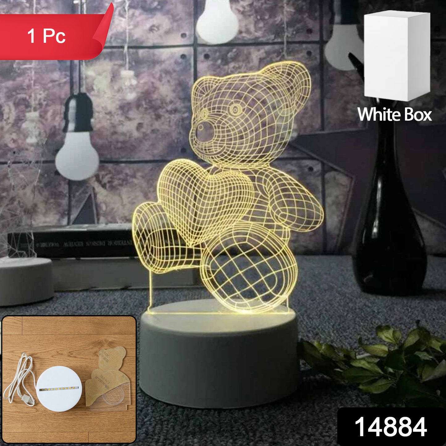 Wukusy 3D teddy bear LED night lamp with heart design, soft glow, perfect for children's bedroom decor.