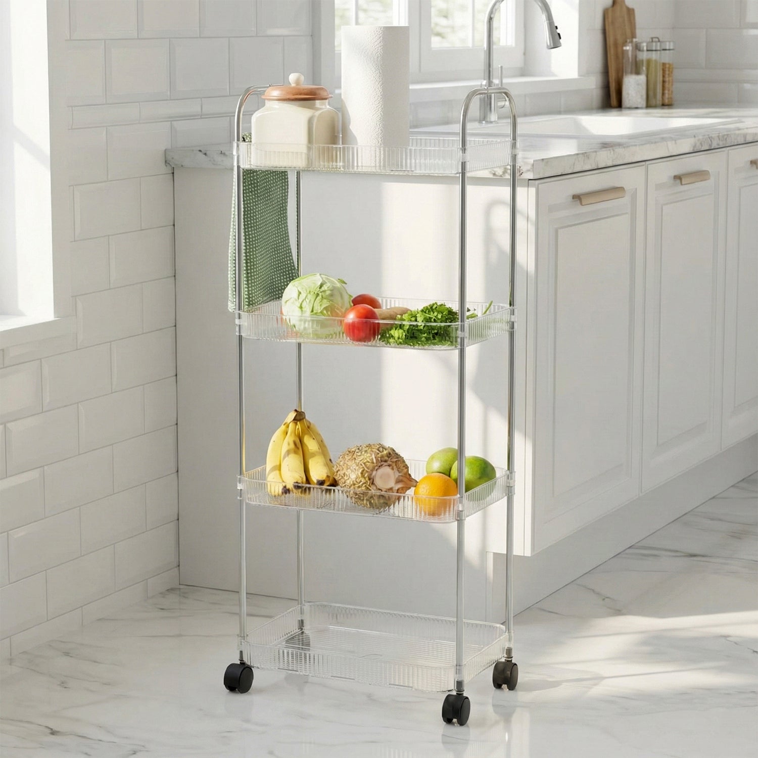 Wukusy 4-layer multipurpose storage trolley with wheels, featuring sturdy shelves and a mobile design for versatile organization.