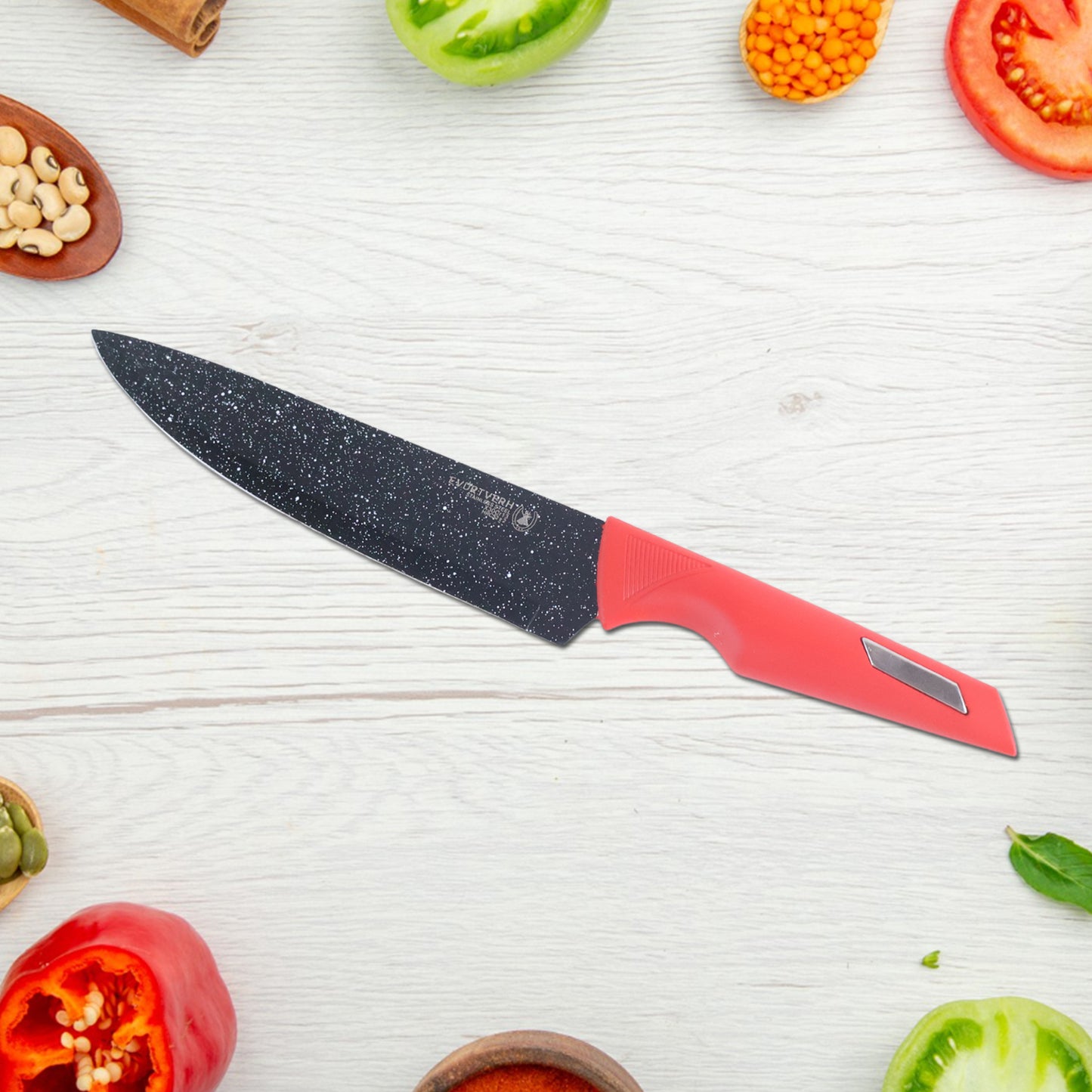 Six-piece Wukusy kitchen knife set with marble-coated blades and red handles, ideal for home and kitchen food preparation.