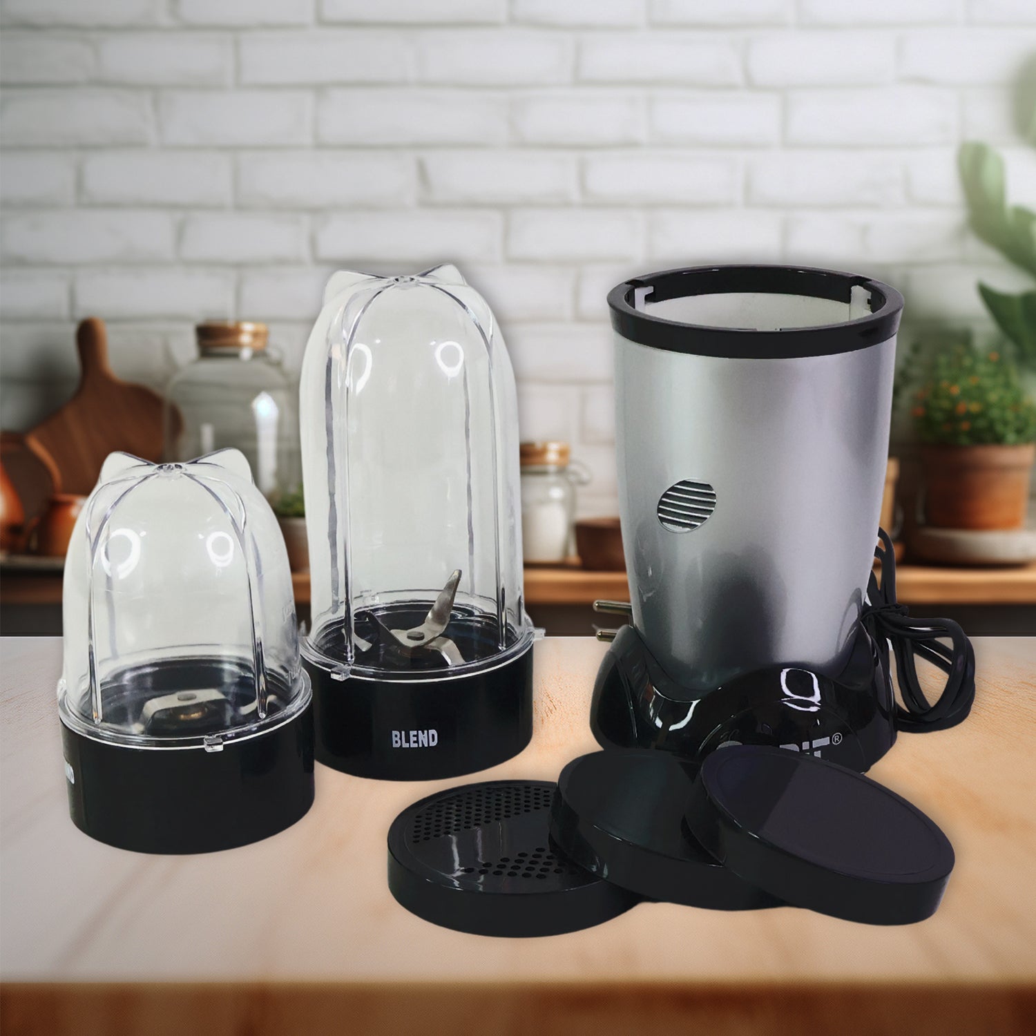 Wukusy Orbit multi-purpose bullet mixer with 400W motor, featuring two jars for blending and mixing in a home kitchen setting.