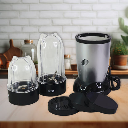 Wukusy Orbit multi-purpose bullet mixer with 400W motor, featuring two jars for blending and mixing in a home kitchen setting.
